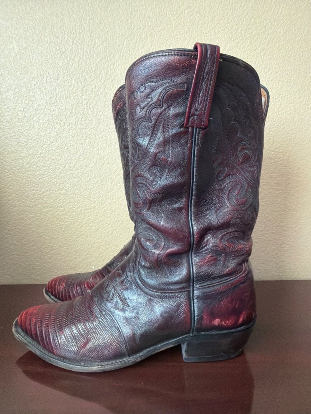 Lucchese Since 1883 Black Cherry Teju Lizard Exotic Cowboy Boots French Toe 11EE